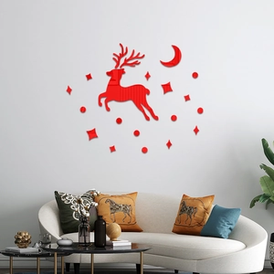 Red mirror acrylic wall stickers featuring Christmas reindeer and moon for home decoration
