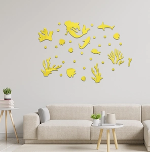 3D acrylic ocean mirror wall stickers featuring yellow mermaids and fish for home decor