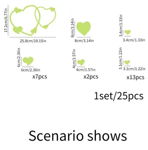 Size chart for 25-piece green heart luminous wall stickers set with detailed dimensions