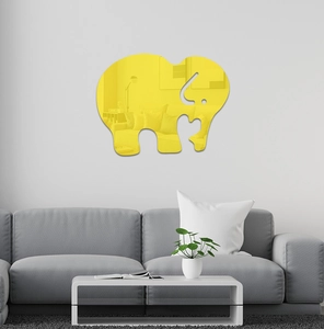Detailed view of yellow acrylic mirror elephant wall sticker in a modern living room setup