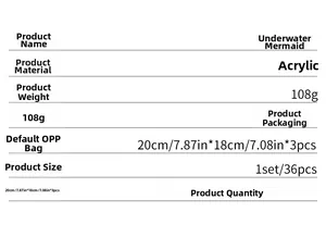 Specifications of acrylic mermaid wall stickers showing sizes and multi-color options