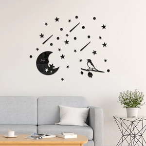 Stickers muraux 3D miroir acrylique avec lune étoiles et oiseau sur branche pour décor