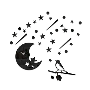 Stickers muraux miroir acrylique 3D motif lune étoiles et oiseau décoration