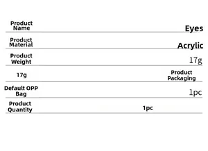 Detailed specifications chart for acrylic eye wall stickers showing materials and sizes