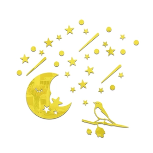 Détail de stickers muraux miroirs en acrylique jaune avec lune étoiles et oiseaux
