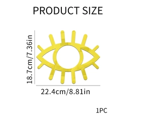 Detailed size chart of gold acrylic eye-shaped 3D wall mirror with precise dimensions