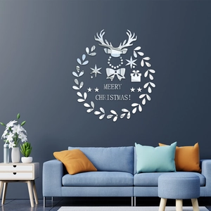 Stickers Muraux Miroir 3D Couronne de Renne de Noël Acrylique Nordique Auto-adhésif Décalcomanie pour Salon Chambre