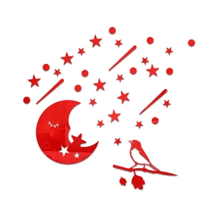 Détail de stickers muraux miroirs en acrylique rouge avec lune, étoiles et oiseau