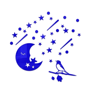 Vue détaillée des stickers muraux miroirs en acrylique bleu foncé avec lune et oiseau