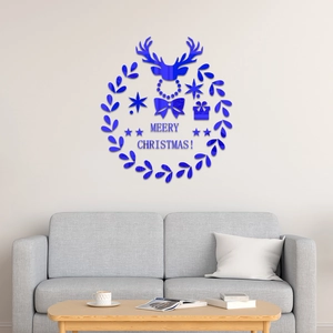 Stickers muraux Noël en acrylique miroir bleu avec renne et texte Merry Christmas