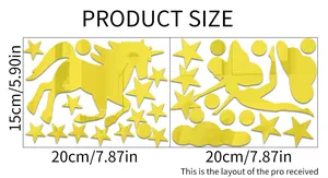 Detailed size chart showing dimensions for acrylic fairy and star wall stickers in gold