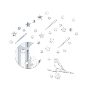 Détail de stickers muraux miroir acrylique avec lune, oiseau sur branche et étoiles
