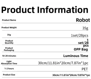 Detailed specification chart for blue luminous robot wall stickers showing PET material and size