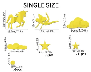 Size chart for acrylic wall stickers featuring unicorn fairy stars and cloud dimensions
