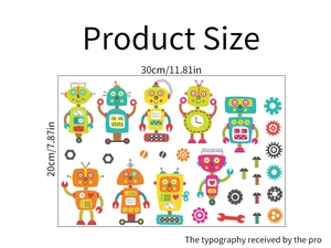 Layout details of blue luminous robot wall stickers for kids rooms with 30x20cm dimensions
