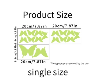 Detailed dimension guide for luminous butterfly wall stickers measuring 20cm x 9.8cm