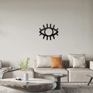 Modern eye-shaped acrylic wall mirror decor mounted on a minimalist living room wall