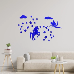 3D blue acrylic wall stickers featuring unicorn, fairy, stars and clouds for home decor