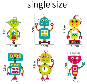 Detailed dimensions of six blue luminous robot wall stickers for children rooms