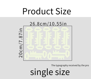 Detailed dimension guide showing 26.8x20cm layout for glowing key wall stickers