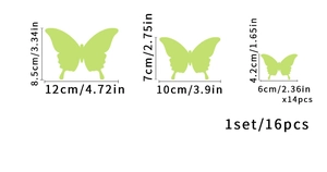 Detailed size guide for 16 glow-in-the-dark butterfly wall stickers in three dimensions