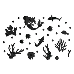 Black acrylic mermaid wall stickers with fish and coral ocean theme for home decoration