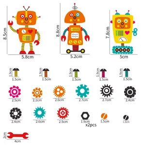 Detailed size chart for blue luminous robot wall stickers showing dimensions in cm