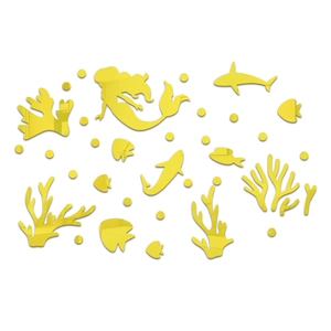 Detail of yellow acrylic 3D mirror wall stickers featuring mermaid and tropical fish