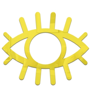 Detailed view of vivid yellow eye-shaped acrylic 3D wall sticker with decorative eyelashes