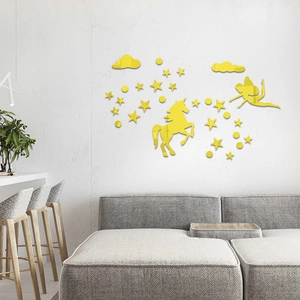 Yellow acrylic mirror wall decals featuring unicorn, fairy, stars and clouds for nursery