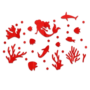 Detailed set of bright red acrylic mermaid and coral ocean wall stickers for bathroom decor