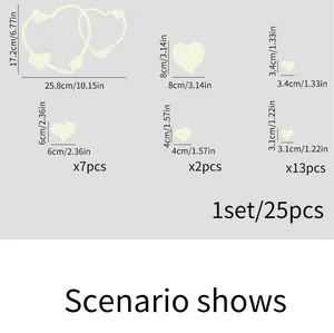 Guide des tailles pour stickers muraux cœur phosphorescents, lot de 25 avec dimensions précises