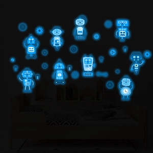 Luminous blue cartoon robot wall stickers glowing in a dark kids bedroom
