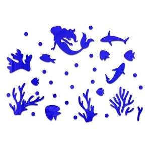 Detail view of reflective blue acrylic mermaid and ocean creatures wall sticker set