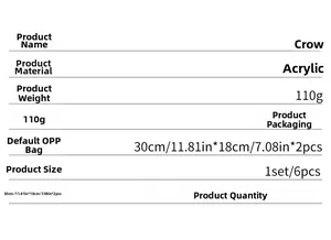 Detailed specifications for 6-piece acrylic crow wall stickers, sizing 30x18cm in five colors