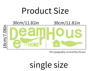Detail showing dimensions of luminous wall stickers with birds and home lettering