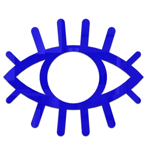 Detail of bright blue acrylic eye wall sticker with 3D mirror effect and lashes