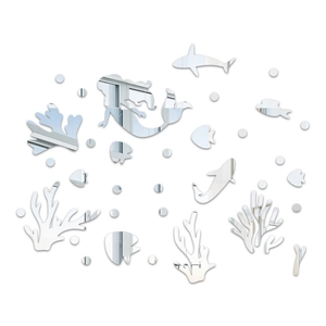 Detail of mermaid and fish ocean theme 3D mirror wall stickers with reflective surface