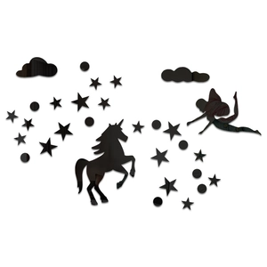 Black acrylic mirror wall stickers featuring unicorn, fairy, stars and clouds set