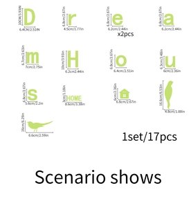 Detailed size specifications for 17-piece luminous Dream House and Home wall stickers set