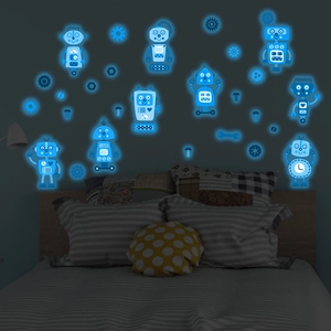 Glow-in-the-dark blue robot wall stickers with gears for kids bedroom decor