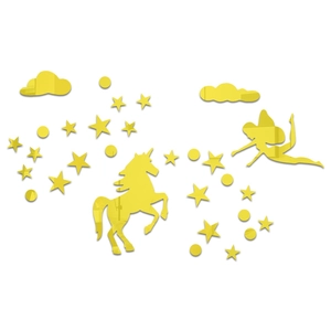 Detailed view of gold mirror acrylic wall stickers with fairy, stars and unicorn motifs