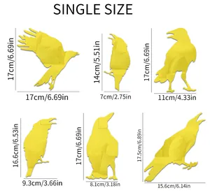 Size guide showing dimensions for 6 mirror acrylic crow wall stickers in yellow