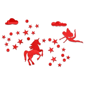 Detail of red acrylic mirror wall decals featuring unicorn and stars for nursery decor