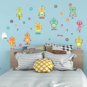 Detailed view of colorful cartoon robot wall stickers decorated in a blue child's bedroom
