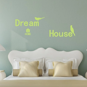Luminous Dream House wall stickers with bird icons on a cozy bedroom wall background