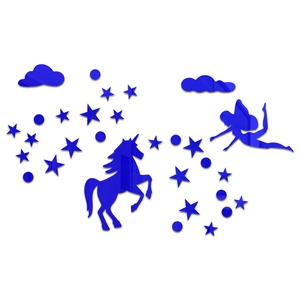Detail of blue acrylic mirror wall decals with unicorn, fairy, stars, and clouds stickers