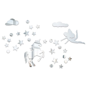 Detail view of silver acrylic mirror wall stickers with unicorn and fairy silhouettes