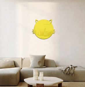 Modern minimalist yellow cat head acrylic mirror wall sticker in a stylish living room decor