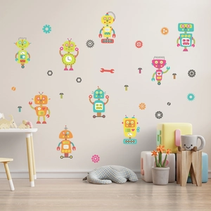 Luminous blue cartoon robot wall stickers for children room decor with mechanical gears